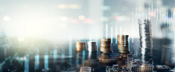 Image showing Money, finance and accounting with coins in a stack on a CGI or digital overlay background for investment. Stock market, inflation or trading with a coin pile of profit in the city for economy growth