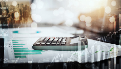 Image showing Calculator, business data overlay and finance logistics graphic for tax, audit and investment. No people, fintech payroll hologram and data analytics of a trading company with financial web growth