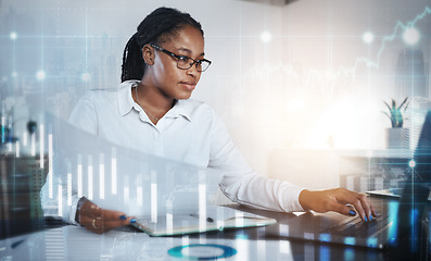 Image showing Stock market graphic, black woman and ecommerce finance employee working on crypto and big data. Trading, online invest strategy and fintech worker with trader overlay of information technology