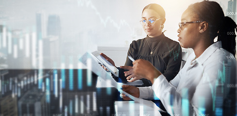 Image showing Women, tablet or documents in futuristic finance management, stock market trading or investment data analysis. Financial workers, abstract 3d or chart analytics, teamwork collaboration or technology