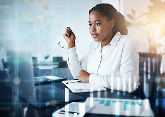 Image showing Business, data and black woman in office with overlay, digital information for financial growth report. Technology, web and woman at desk with stock market documents and future online trade review.