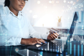 Image showing Laptop, credit card or black woman trading on stock market or forex for financial investment growth with 3d hologram. Overlay, finance or female trader typing banking password data on fintech website