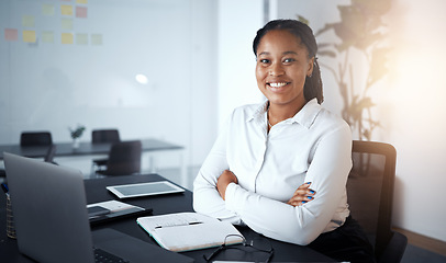 Image showing Leadership, ceo and black woman with arms crossed in office ready for tasks, targets or goals. Boss, manager and portrait of female entrepreneur with success mindset, vision and mission in workplace.