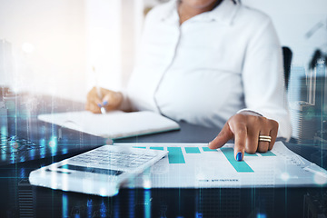 Image showing Finance, accountant and accounting overlay, woman and hand with graph, calculator for calculations and paperwork. Working at desk, business budget and corporate spending with charts and commerce.