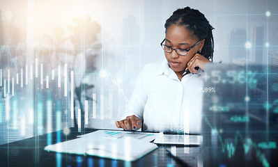 Image showing Finance, overlay or black woman with calculator for stock market, cryptocurrency or forex investment strategy. Financial, holographic or focused trader trading or working on data analysis paperwork