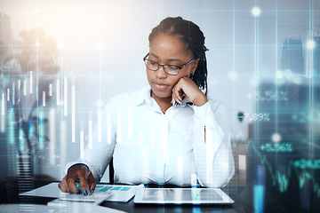 Image showing Hologram, black woman and tablet for finance, futuristic trading and investment. Digital, financial advisor and African American female with fintech, trader and budget growth for wealth and savings.