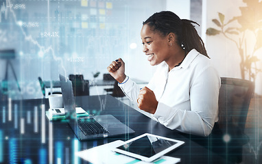 Image showing Black woman, success fist or laptop in futuristic data management, stock market trading or company investment growth. 3d abstract, technology or financial chart kpi for happy smile or cheering worker