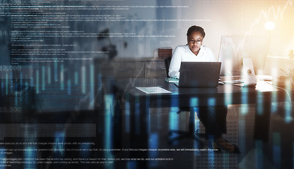 Image showing Software, data and woman in office overlay working on digital finance report or futuristic data analysis. Digital transformation, erp and cyber economy growth with research in cryptocurrency trading.