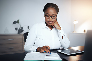 Image showing Business, accounting calculator and black woman typing in office working late calculating financial budget. Planning, night and female accountant, employee or worker doing bookkeeping in workplace.