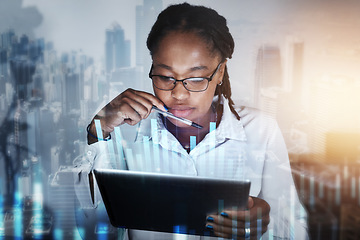 Image showing Black woman, digital overlay and tablet in office for researching finance data. City double exposure, graphs or female with touchscreen for networking, internet browsing or web scrolling in workplace