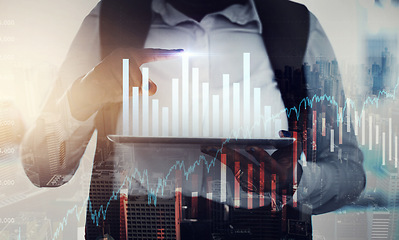 Image showing Tablet, overlay or hands trading on stock market chart for financial investment increase or money growth. Hologram, digital or trader studying graphs analytics for data analysis on a forex ai website