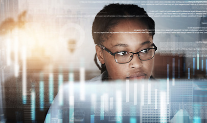 Image showing Stock market graphic, cyber security overlay and business woman working and thinking about data. Black woman, fintech and financial employee busy with accounting, invest innovation and website