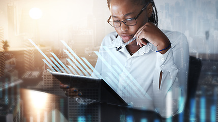 Image showing Black woman, tablet and stock market trading, hologram or city overlay on global forex data. Thinking, female trader and fintech graphs on digital technology, erp investment or future finance economy