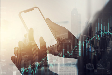 Image showing Phone, finance digital overlay and hands typing, social media or messaging with mockup. Graphs, city double exposure or person with mobile smartphone for stock market, trading or financial investment