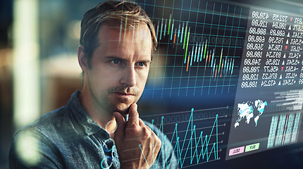 Image showing Financial overlay, trading and man analyzing charts for cryptocurrency or forex data on a hologram. Focus, finance and professional male trader studying digital exchange rate graphs for investment.