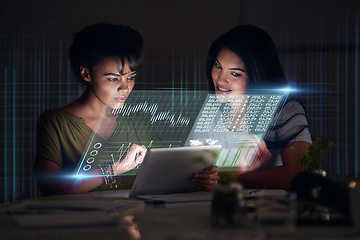 Image showing Teamwork, tablet hologram and business women in night office working on project. Forex, touchscreen and female employees working late on stock market, trading or finance investment in dark workplace.
