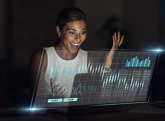 Image showing Stock trading, graphs and woman excited with laptop for winning, investment and successful cryptocurrency. Finance growth, hologram and female with wow face, profit bonus and victory in stock market