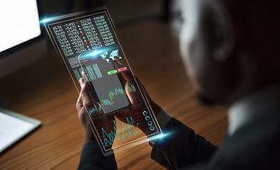 Image showing Man hands, phone and digital hologram in office for web desin, online networking and ux cloud computing. Businessman, iot future and fintech software or programming futuristic code for stock markets