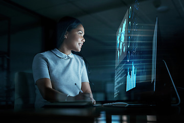 Image showing Business woman, computer or futuristic finance in night office planning, stock market trading or global investment management. 3D abstract data, technology or financial worker and happy evening smile