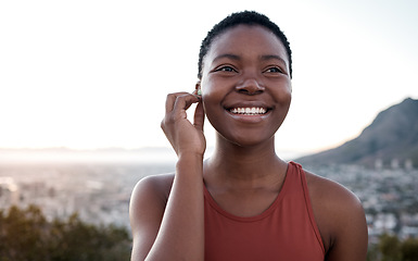 Image showing Music, fitness and running with a sports black woman outdoor in nature for a workout or exercise. Health, wellness and training with a female runner or athlete outside for cardio or endurance