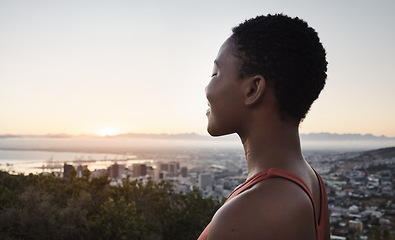 Image showing Face profile, meditation and black woman outdoor for peace and freedom. Sunset, zen chakra and happy female practicing yoga, training or pilates for wellness, health and mindfulness exercise alone.