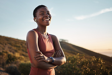 Image showing Portrait, black woman and arms crossed outdoor, exercise or fitness for wellness, health or smile. Nigerian female, girl and athlete rest, nature and workout for training, sports or practice to relax