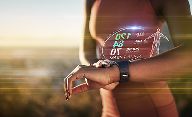 Image showing Runner, smartwatch hologram and woman hands for fitness, exercise and reading for health in nature. Black woman, 3d holographic overlay or outdoor workout for wellness, healthy body and wearable tech