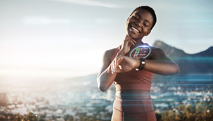 Image showing Fitness, black woman and checking digital watch for heart rate, pulse or cardio performance in nature. African woman monitoring hologram, futuristic or 3d watch after exercise or workout in the city