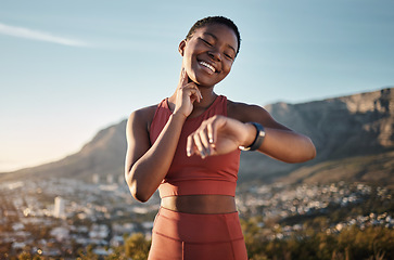 Image showing Black woman, fitness or smart watch for pulse check in nature workout, training or sunset exercise for cardiovascular healthcare. Smile, happy or sports runner with heart rate clock for body wellness