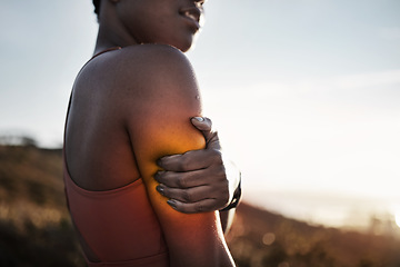 Image showing Black woman, arm pain and exercise injury after training accident outdoors. Sports, fitness and female athlete with fibromyalgia, inflammation or sore muscles after cardio workout, running or jog.