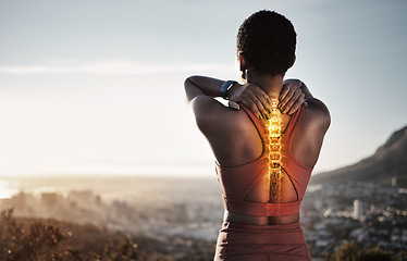 Image showing Spine injury, skeleton and back pain of fitness woman on mountains with sky background for sports exercise. Athlete, backache and red body bones for first aid emergency, joint pain and muscle anatomy