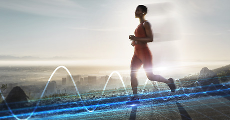 Image showing Heart rate hologram, running and black woman on mountains with healthy breath technology. Digital light, woman and runner on a mountain road with training, exercise and health wellness outdoor