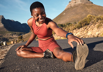 Image showing Stretching legs, fitness and black woman in the street for health training, sports and running smile. Happy, warm up and African runner in the road for start of workout and morning cardio