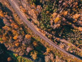 Image showing Aerial view of autumn countryside with railway