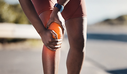 Image showing Knee injury, running pain and woman in street for fitness training, emergency and body accident in Germany. Anatomy, exercise and painful muscle of a runner, hurt leg and medical problem in the road