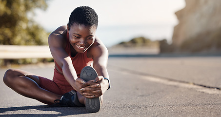 Image showing Black woman runner, stretching and street with smile, focus and ready for exercise, training or goal. Woman, happy and warm up muscle for speed, running and fitness in nature for wellness in nature