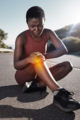 Image showing Knee pain, black woman and road training accident with a runner in pain for leg injury outdoor. Running, exercise and fitness problem from joint pain from sports workout ready for physical therapy