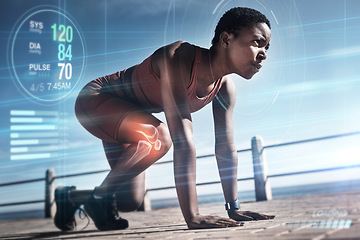 Image showing Start, runner or black woman training for fitness, cardio exercise or running workout in summer with overlay. Hologram, pulse or healthy girl sports athlete with focus, resilience or strong mindset