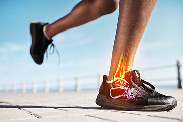 Image showing Running shoes, legs or skeleton bone glow in workout, training or exercise with anatomy pain, body stress or joint burnout. Zoom, runner or sports woman with ankle injury and 3d futuristic abstract