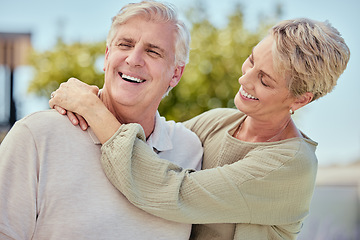 Image showing Love, hug and senior couple outdoor on vacation, holiday or summer trip. Relax, romance and freedom of elderly, happy and retired man and woman hugging, embrace or cuddle and enjoying time together.