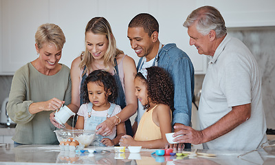 Image showing Baking, big family and kitchen cooking of grandparents, parents and girl children learning. Home, kids and interracial family with love, parent care and senior grandparent in a house making food