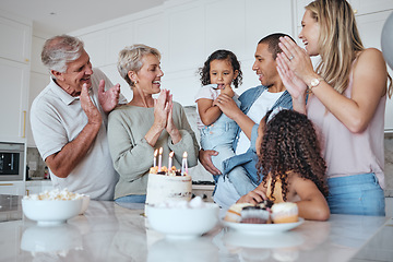 Image showing Family, birthday and cake with singing and celebration, party and generations with happiness at family home. Parents, grandparents and children celebrate with dessert, fun and love together with care