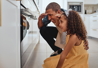 Image showing Father, girl and kitchen by oven, baking and learning together for love, bonding or happiness in family home. Dad, female child and happy black family for smile, stove and cooking at house in Chicago