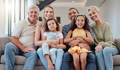 Image showing Big family, portrait and relax on sofa in living room, smiling or bonding. Love, diversity or care of grandparents, father and mother with girls on couch, having fun or enjoying quality time together