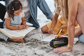 Image showing Kids, floor and coloring book with parents for learning, education and fun on family home carpet. Girl children, mom and dad on flooring for teaching, art or development with bonding in San Francisco