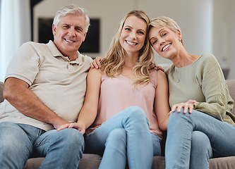 Image showing Support, relax and daughter with senior parents during a visit, family love and happy on the living room sofa. Smile, comfort and face portrait of a woman with elderly mother and father on the couch