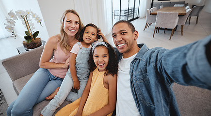 Image showing Family selfie, children and portrait on living room sofa for bonding, happiness or love on social media. Interracial happy family, digital picture or smile together on social network in San Francisco