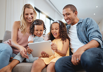 Image showing Love, sofa and family with kids, tablet or social media for streaming, interracial or laugh together. Digital, father or mother with female children, device or watch funny videos and happy parents