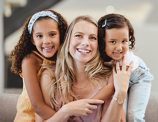Image showing Adoption, family and portrait of mother with kids in home, bonding and hugging. Love, care and mom with foster girls, embrace and smiling while enjoying quality time together on sofa in living room.