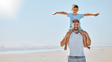 Image showing Father carry boy, portrait and beach for bonding, vacation or spend quality time together. Family, man and male child travelling, happiness or loving on seaside, holiday or coastline trip with mockup